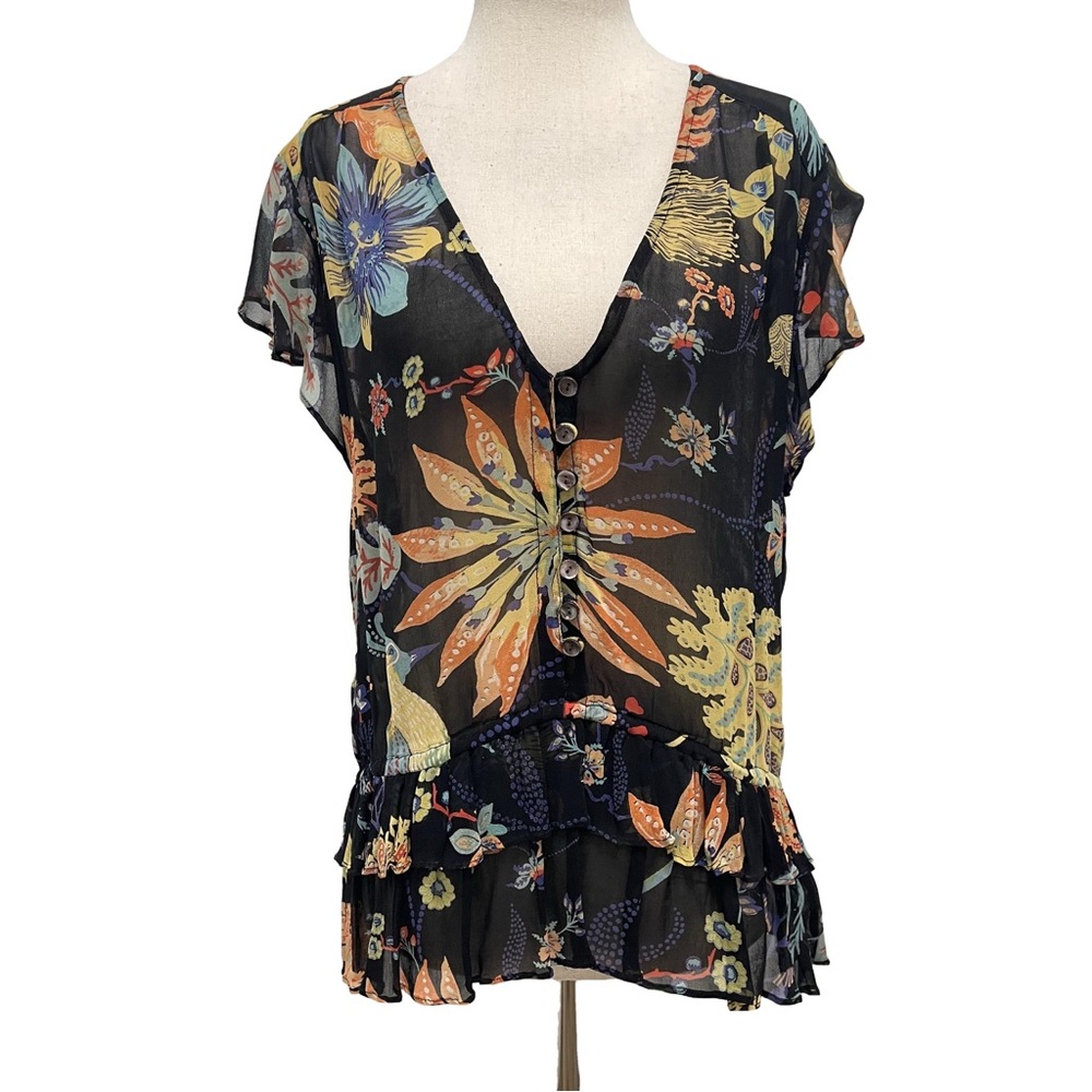 Banjanan Floral Print Sheer Black Top Size Small